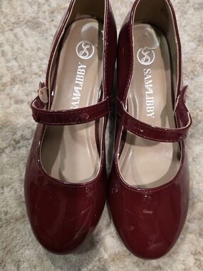 Sam & Libby Women's Burgundy Patent Mary Jane Flats with Strap